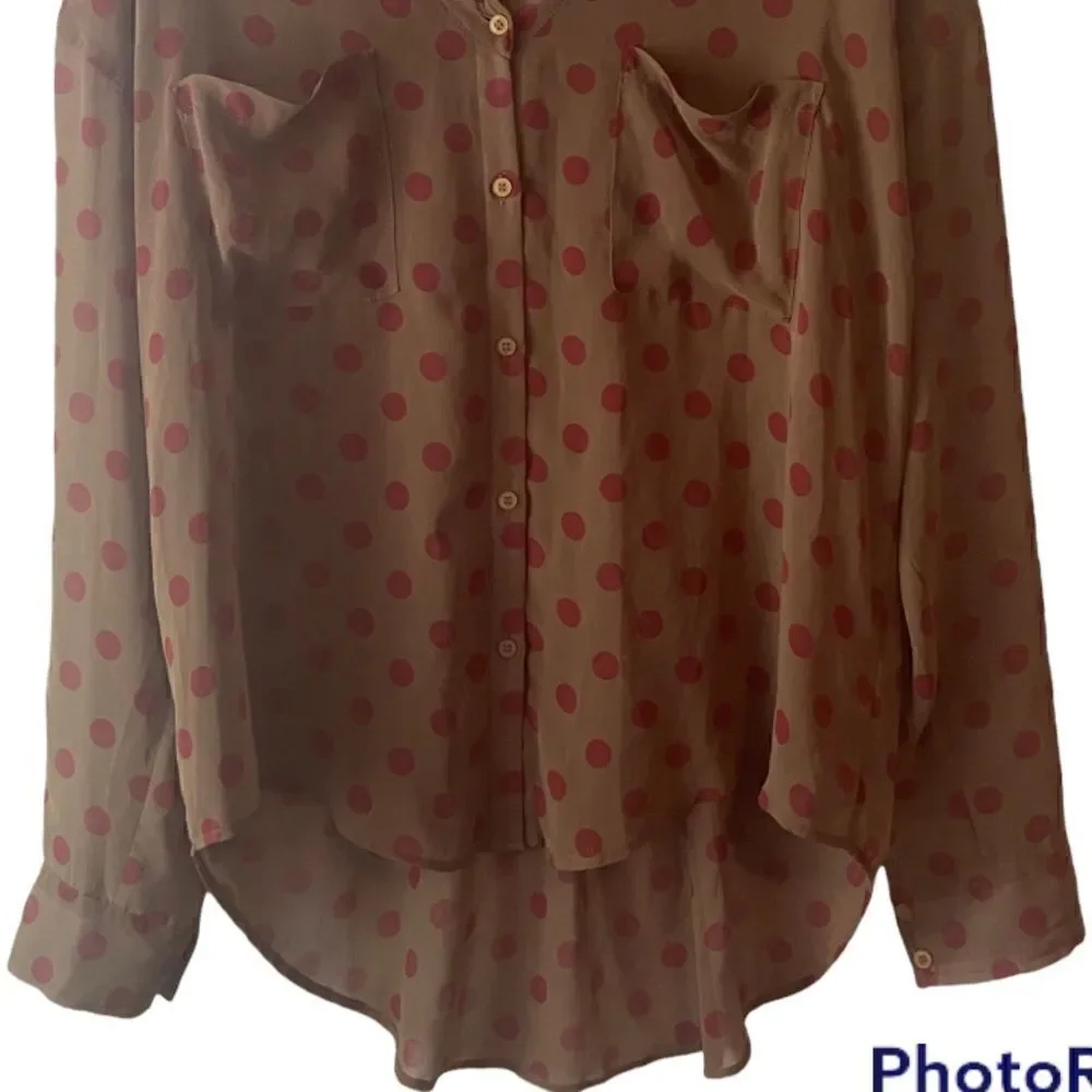 Free People Easy Rider Green and Pink Polka Dot Button Front Sheer Blouse Size M